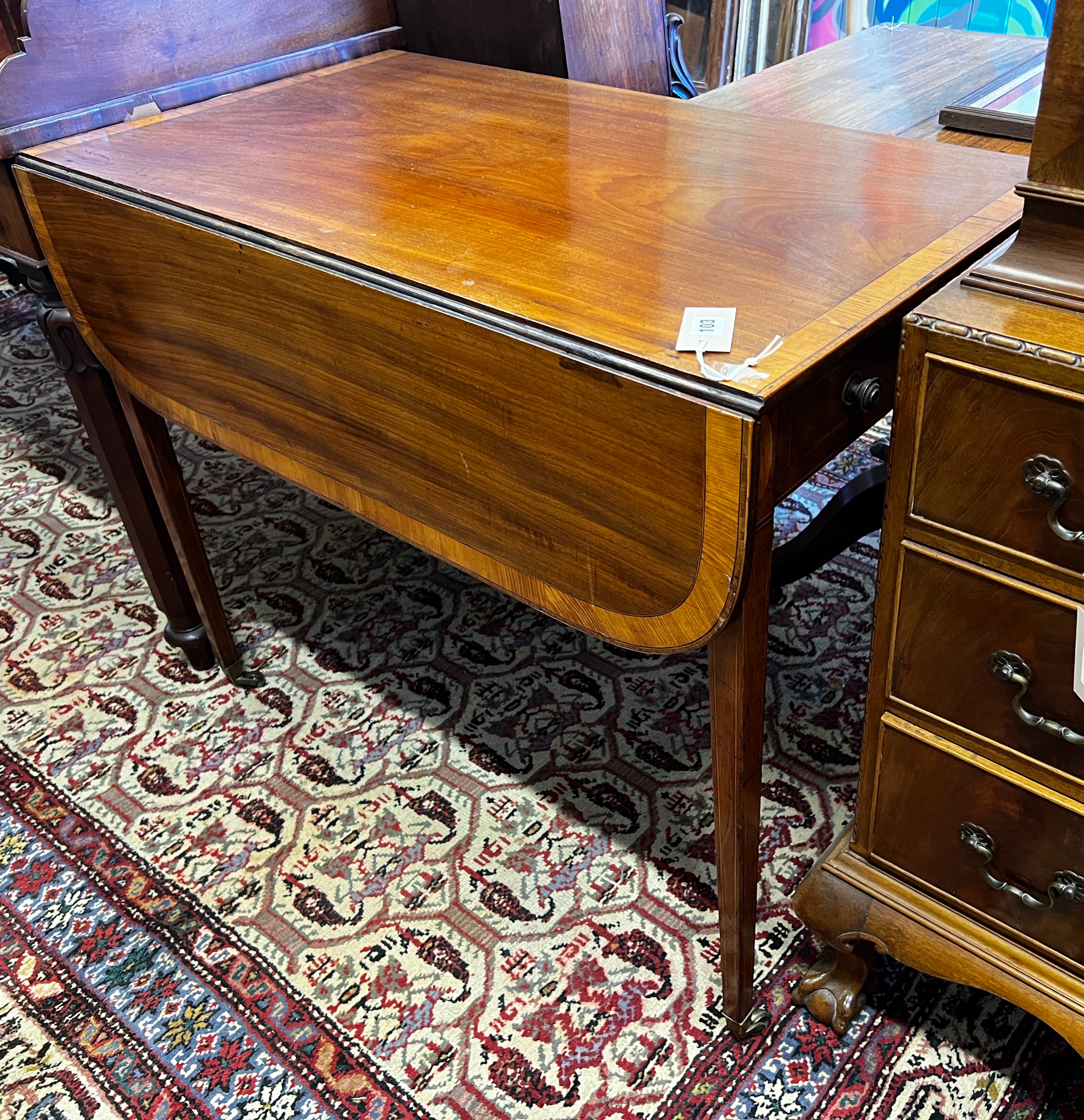 A George III satinwood banded mahogany Pembroke table, width 91cm, depth 51cm, height 74cm